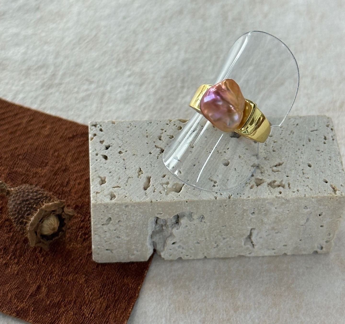 Natural Keshi Pearl Ring - 18K Gold Plated Sterling Silver Nucleus-Free Baroque Ring