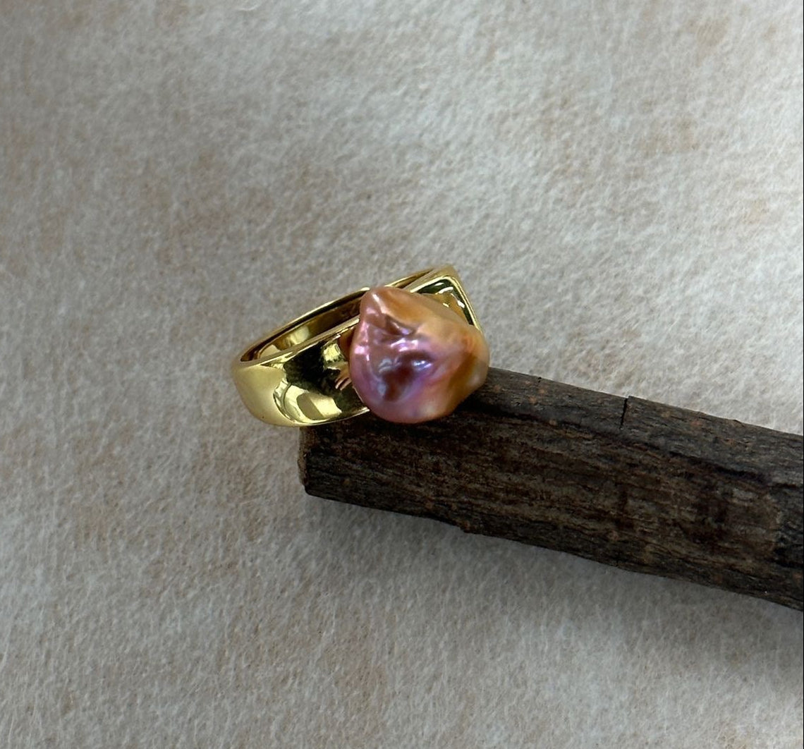 Natural Keshi Pearl Ring - 18K Gold Plated Sterling Silver Nucleus-Free Baroque Ring